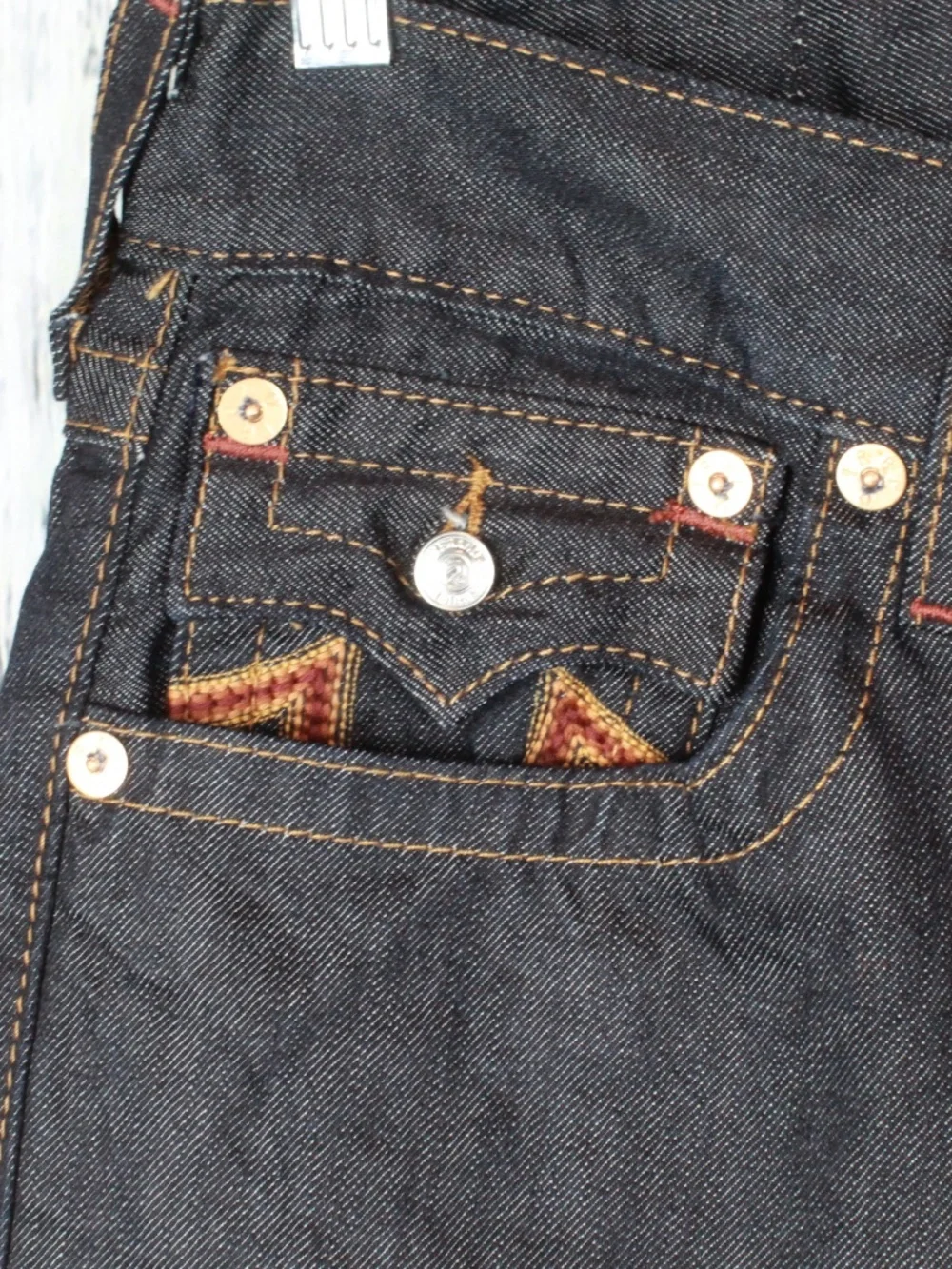 NWT True Religion Straight Leg Flap Jeans Sunset Logo Orange Red Stitch 33